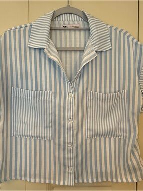 Striped Light Blue & White Short Button-Up Shirt